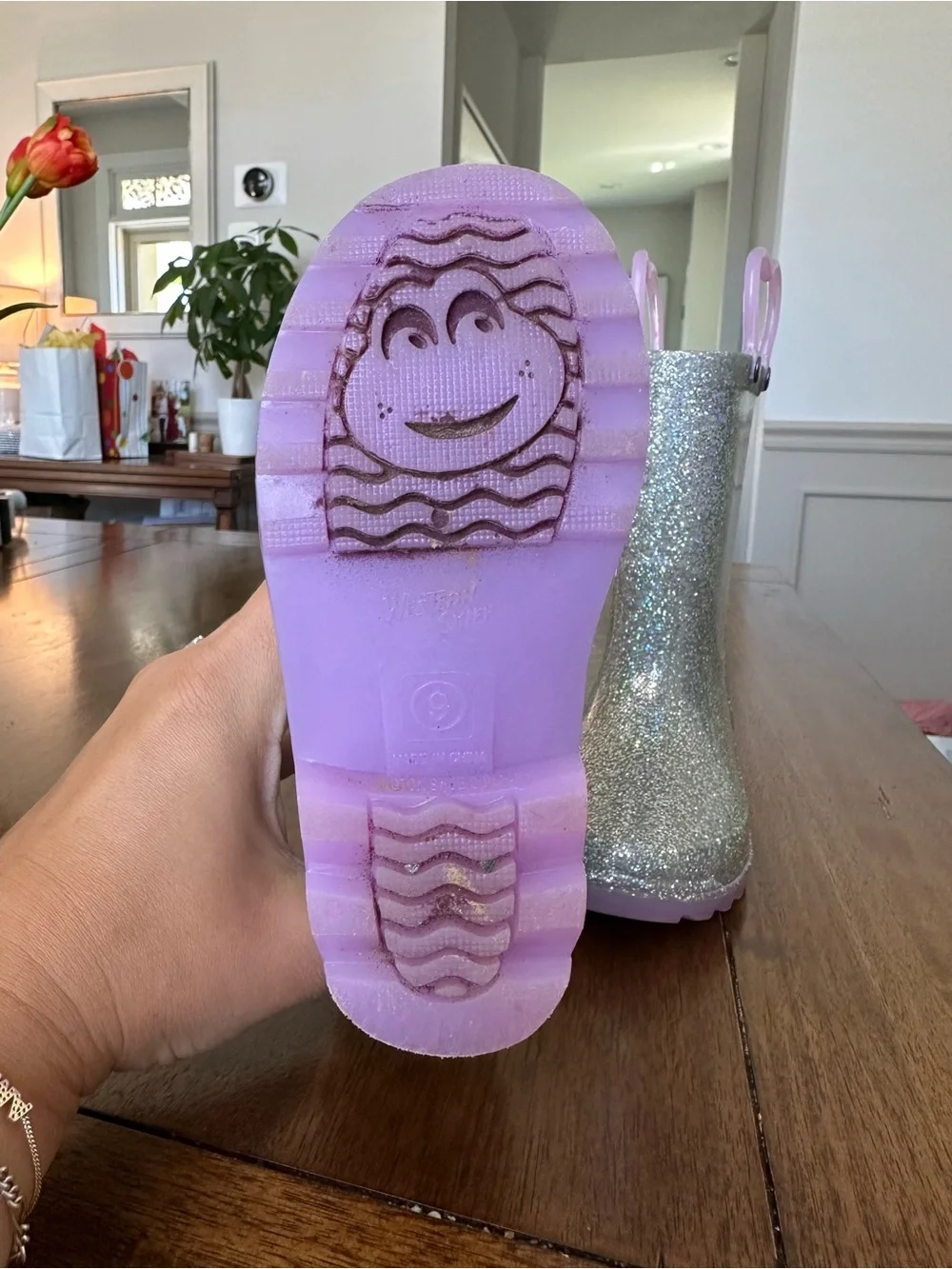 Western Chief Silver Glitter Toddler Rain Boots with Purple Heart Handles
